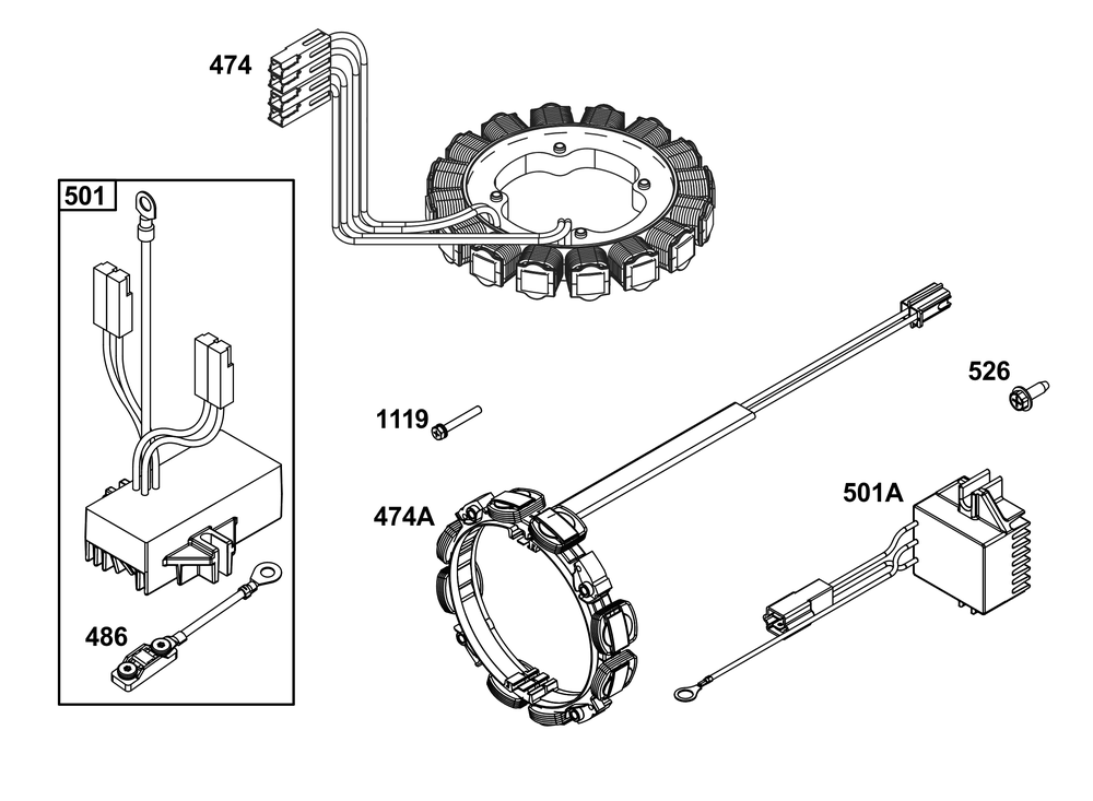 Alternator Group Diagram and Parts List for 541477-2240-H7 400000 - 699999 Briggs and Stratton Engine